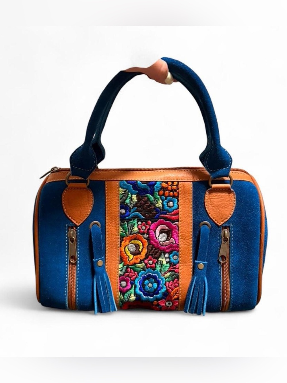 Handcrafted Blue Embroidered Floral Satchel Shoulder Bag